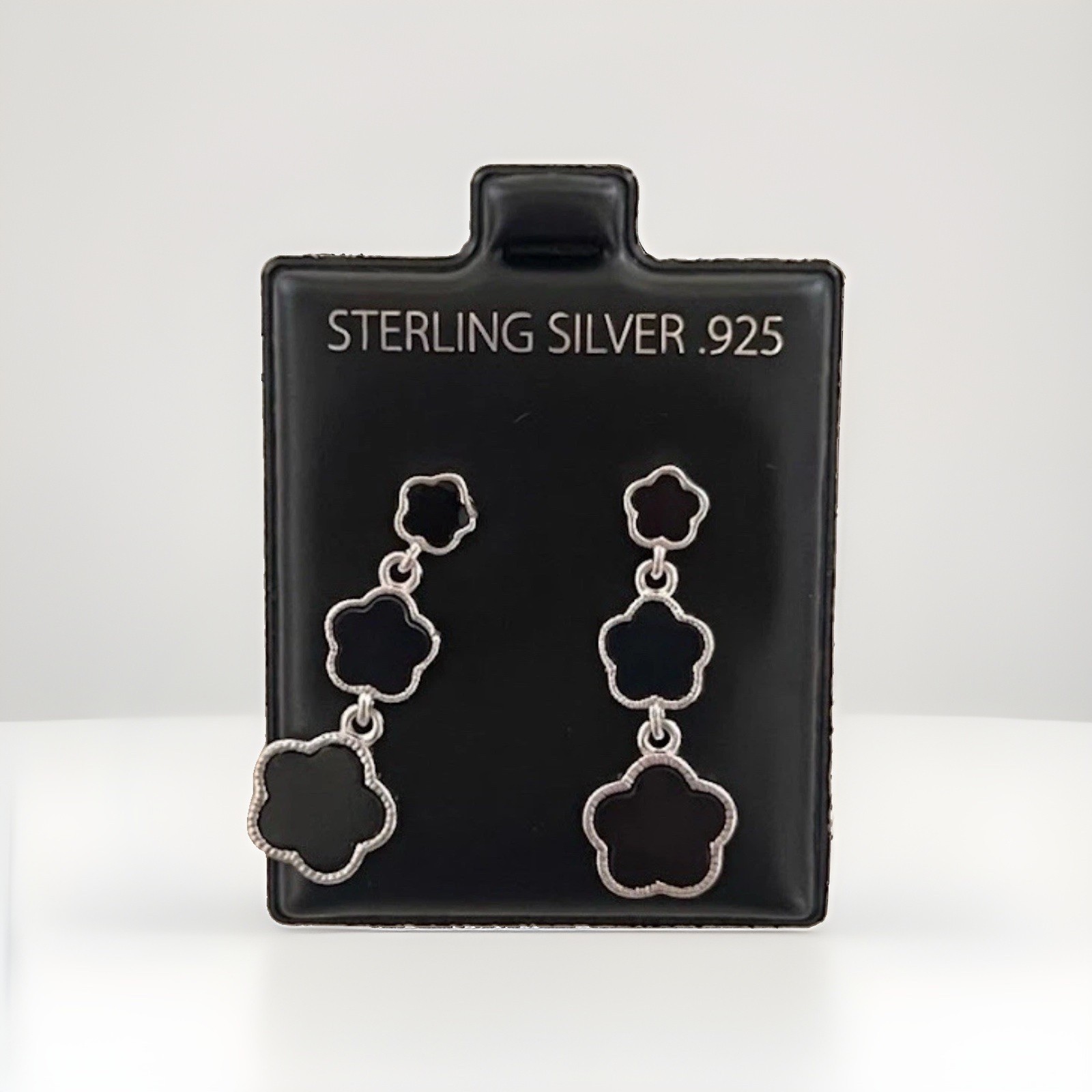 925 Sterling Silver Black Triple Flower Clover Drop Dangle Earrings
