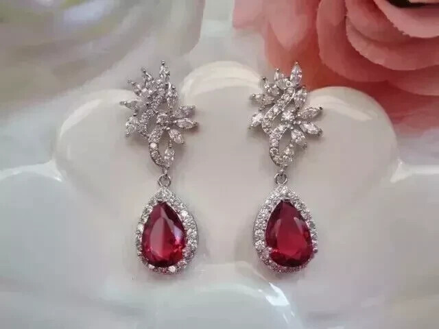 2.26 Ct Pear Cut Simulated Red Ruby 14k White Gold Plated Dangle Drop Earrings