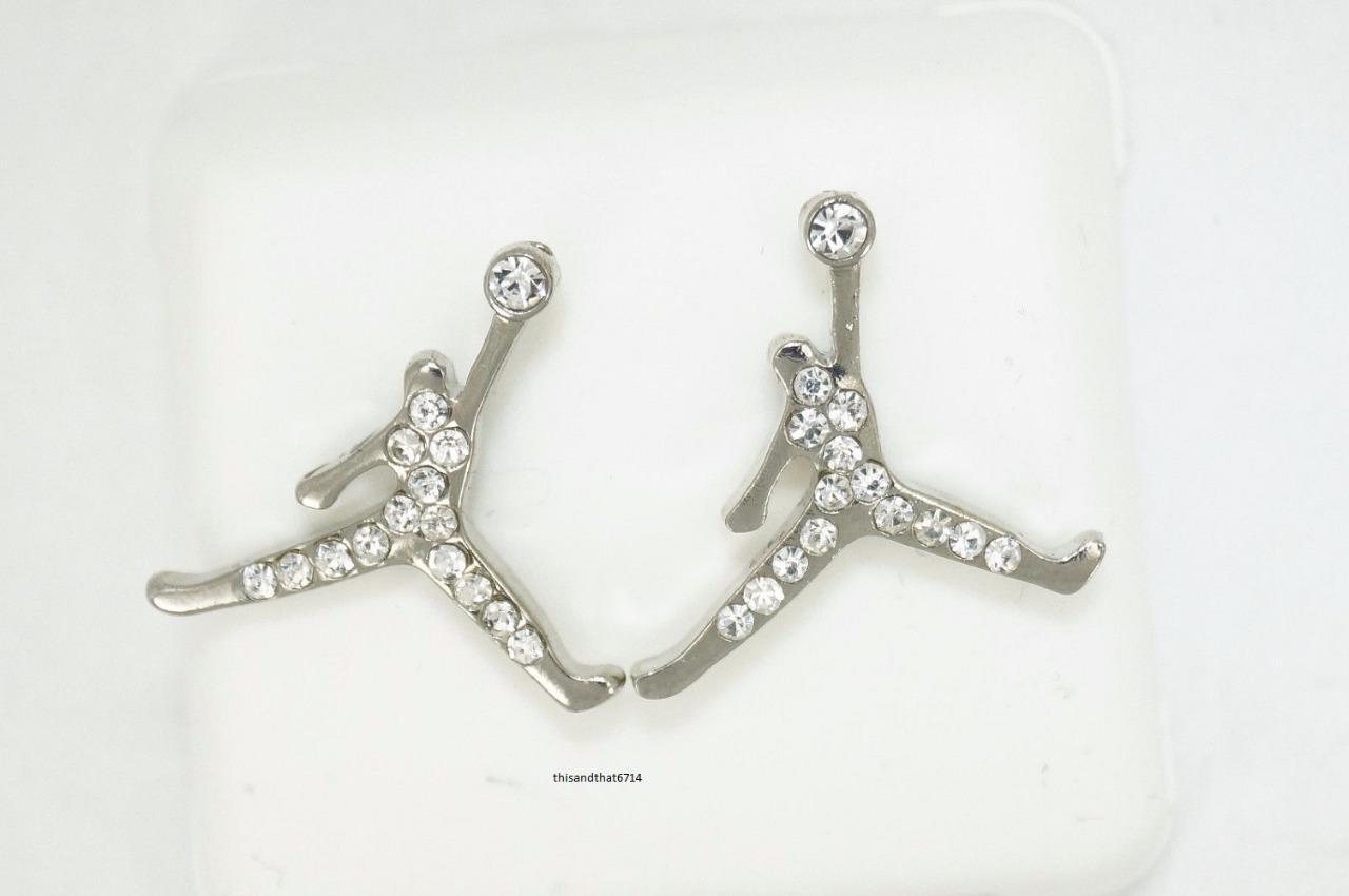 Michael Jordan Jumpman Logo Silver CZ Stud Earrings In Gift Box