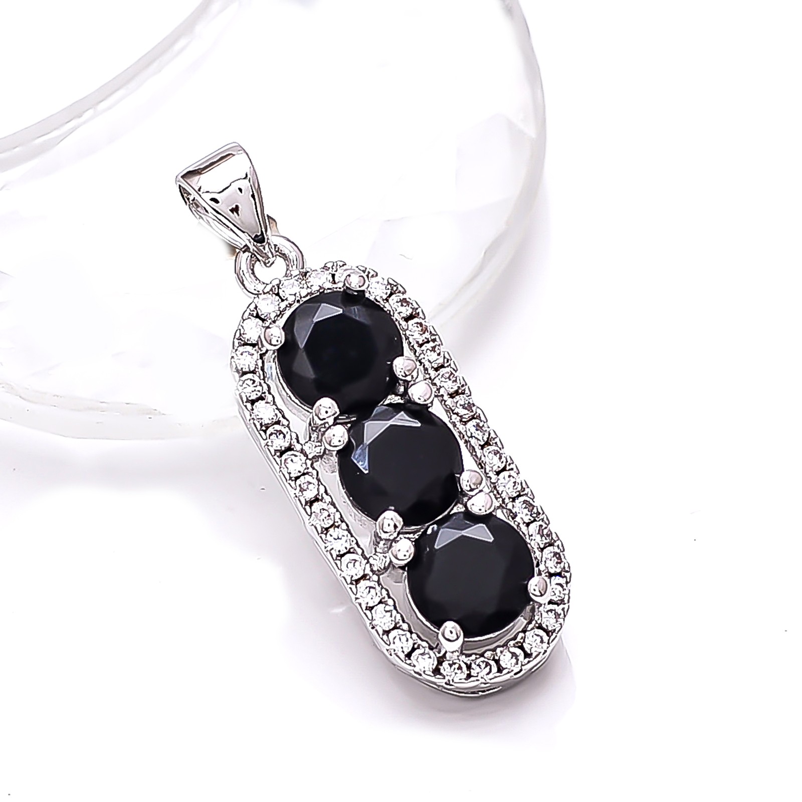 Black Onyx, Cubic Zirconia 925 Silver Platinum Plated Pendant 1.10″ P79320