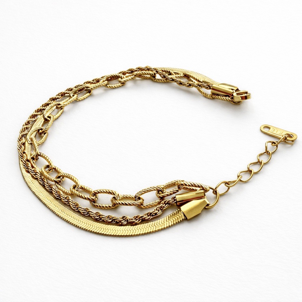 18K Gold Waterproof Stainless Steel 3‑Layer Chain Bracelet Women Fashion