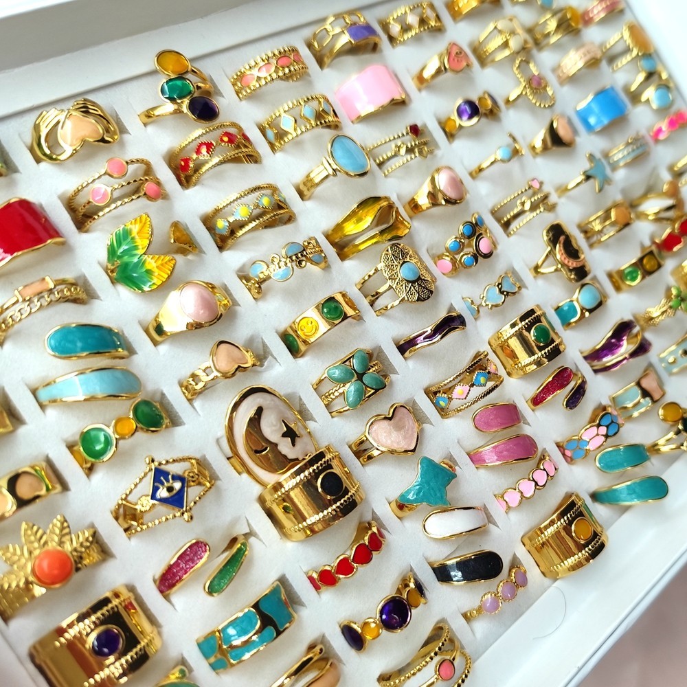 20Pcs Luxury Gold 316L Stainless Steel Color Enamel Wedding Party Ring Open-end