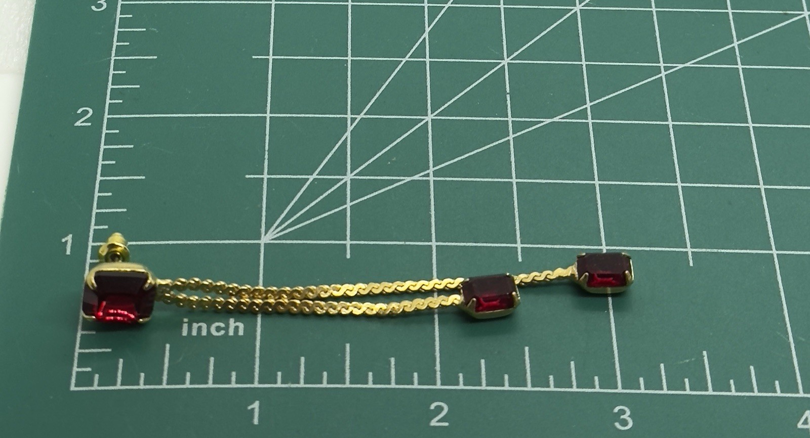Red Rhinestone Dangle Earrings 3″ Gold Tone Formal or Casual Prom Party
