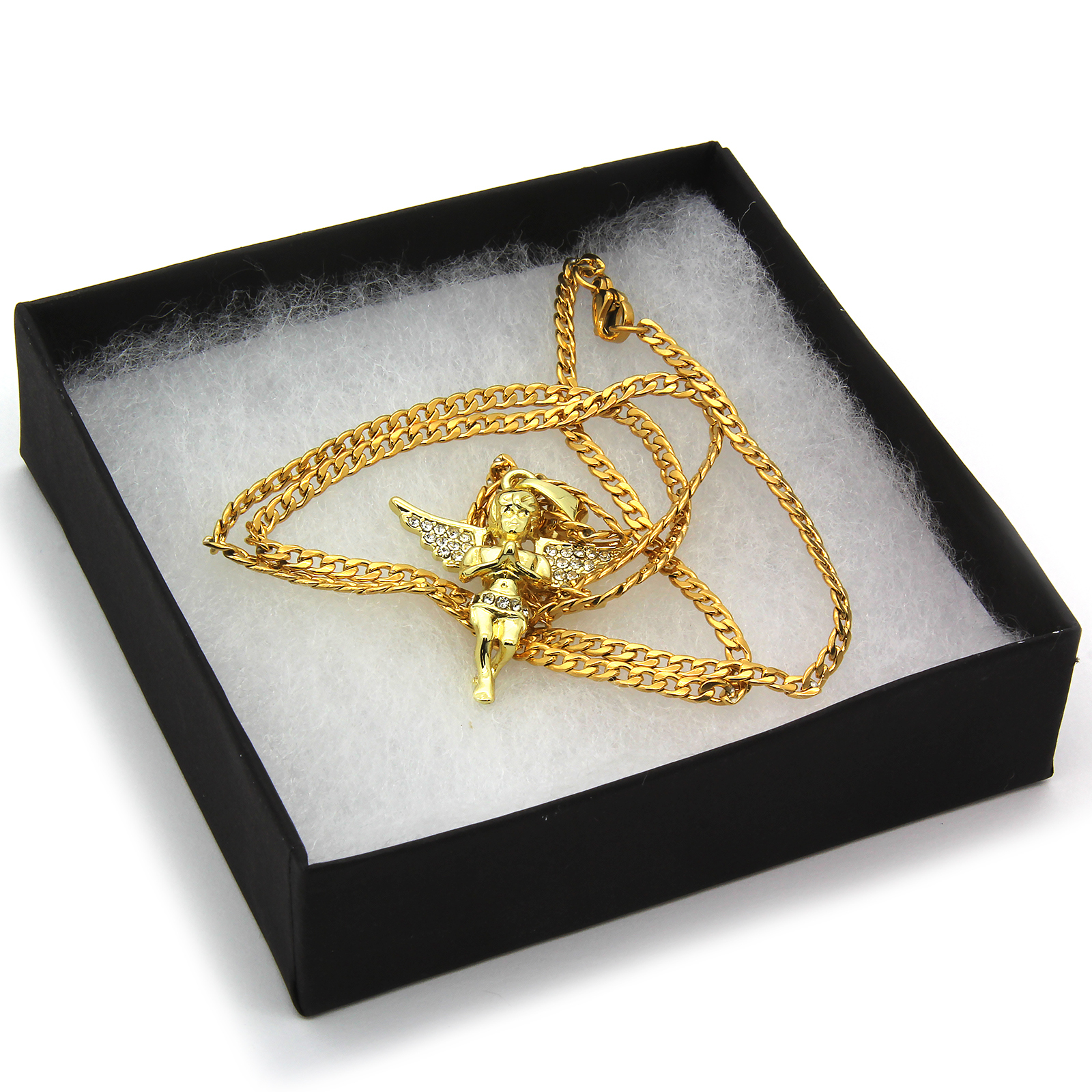 Men & Women Angel Pendant Cubic-Zirconia Gold Plated stainless steel Cuban 24″