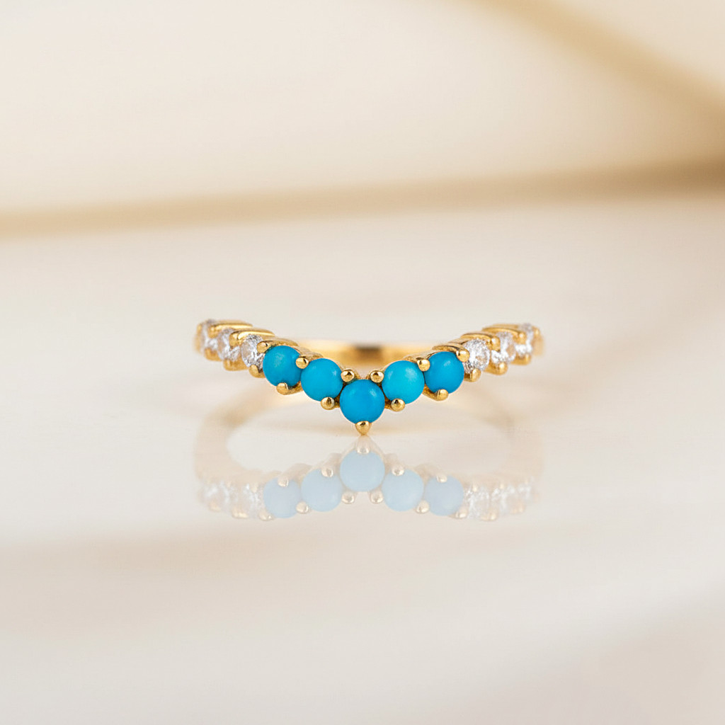 Genuine Turquoise & CZ Stacking Engagement Ring, 925 Silver Yellow Plated Ring
