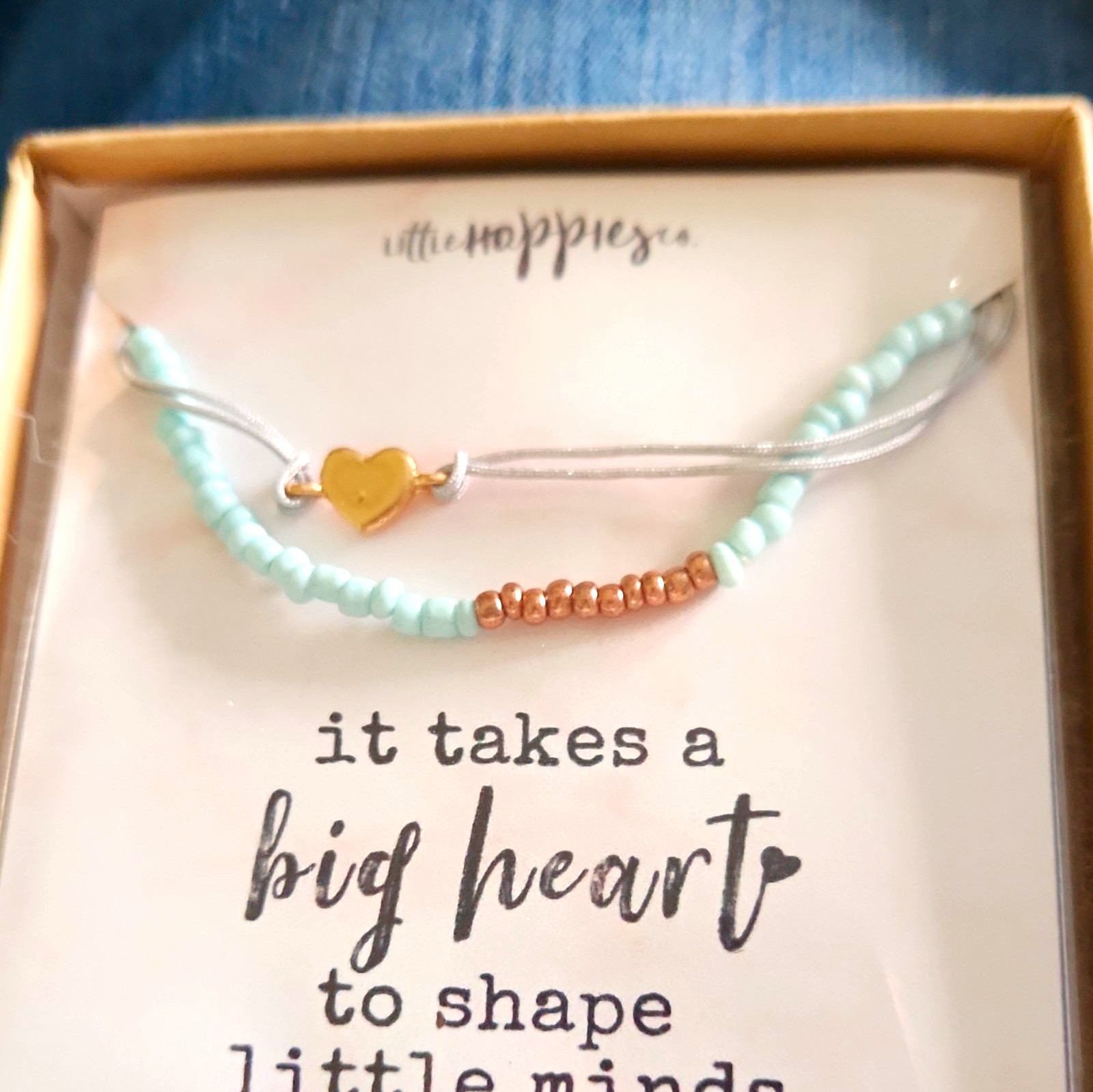 little HOPPIE co. Adjustable Beaded Cord Bracelet Heart Dangle Charm, Blue