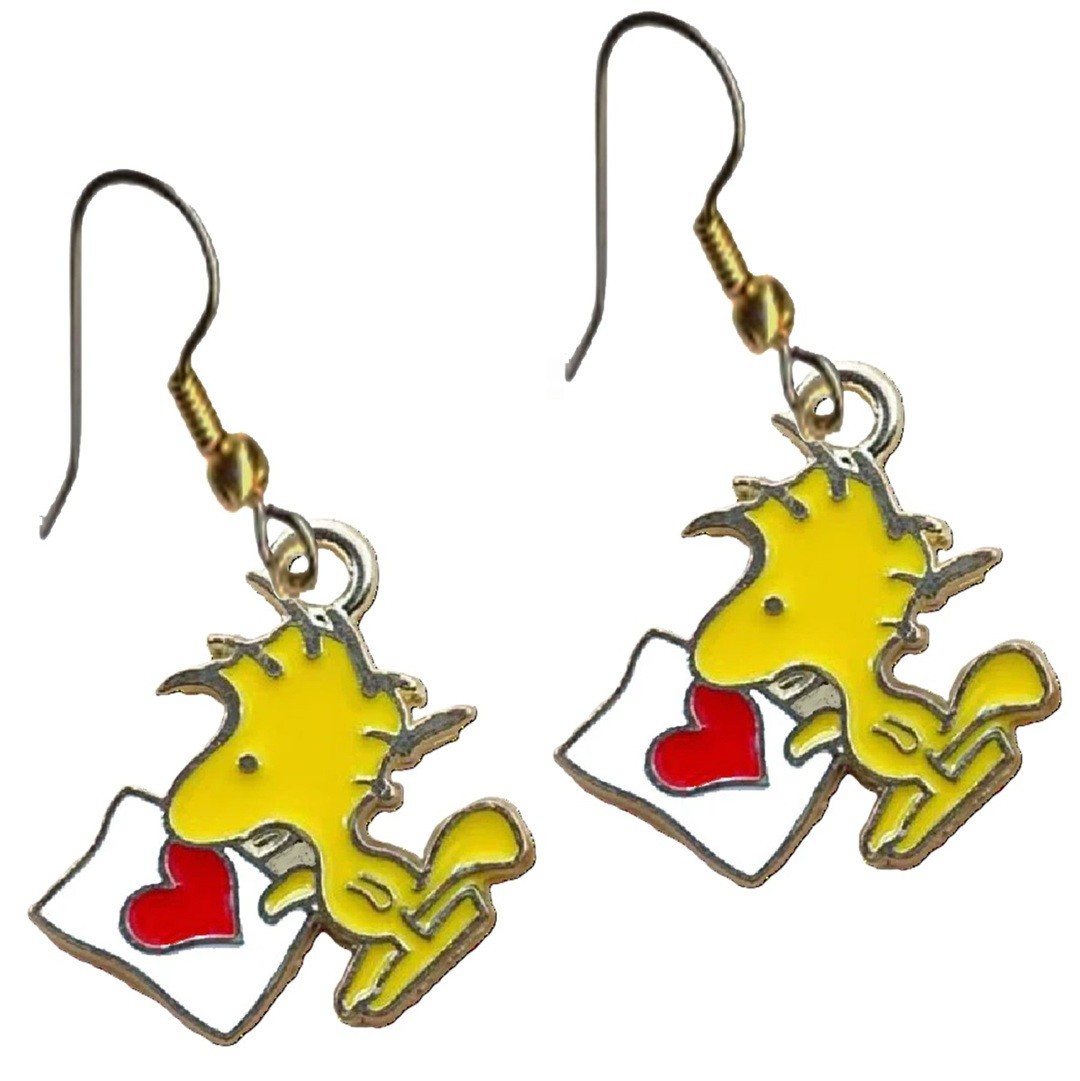 Retro Peanuts WOODSTOCK Love Letter Funky EARRINGS Cartoon Bird Novelty Jewelry