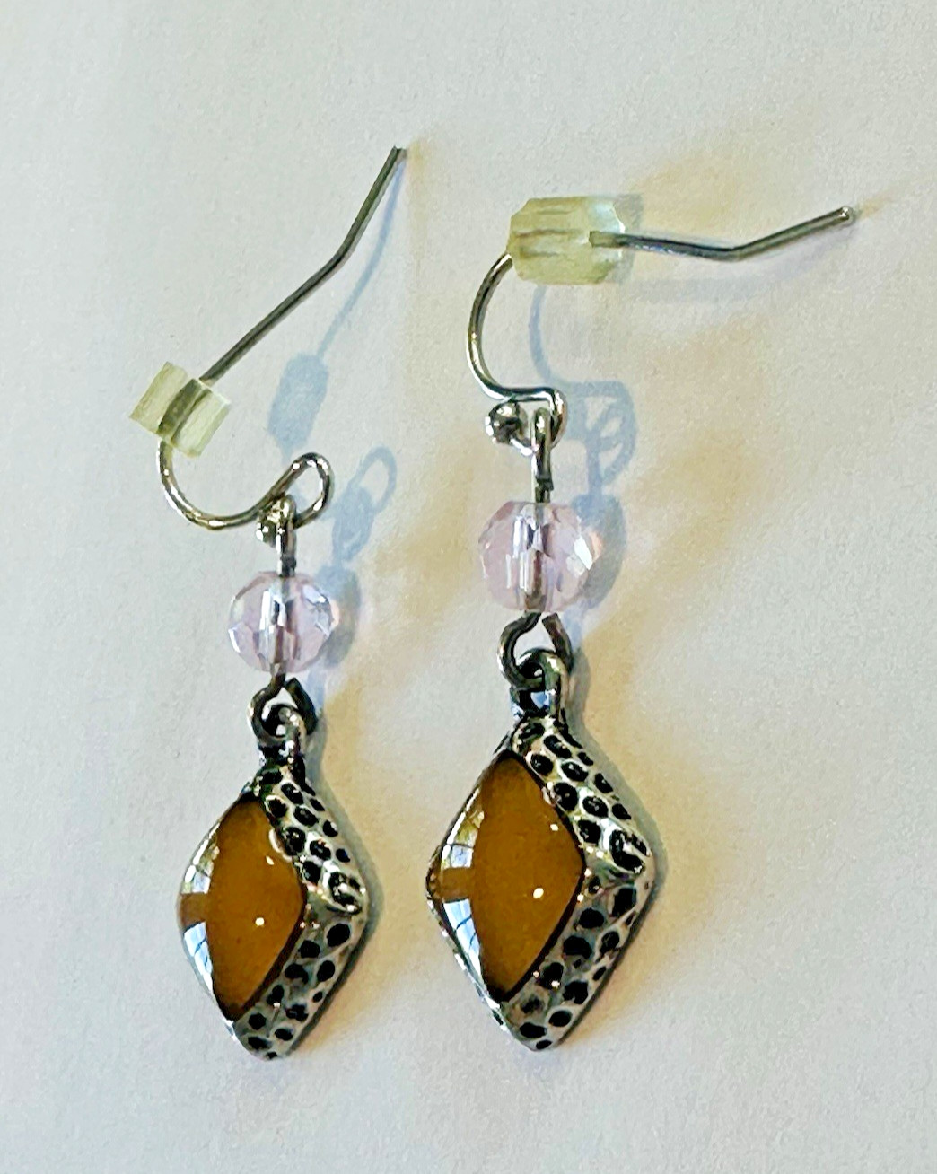 Lia Sophia Silver Tone Dangle Earrings Amber Pink Bead Accent Fish Hook Boho