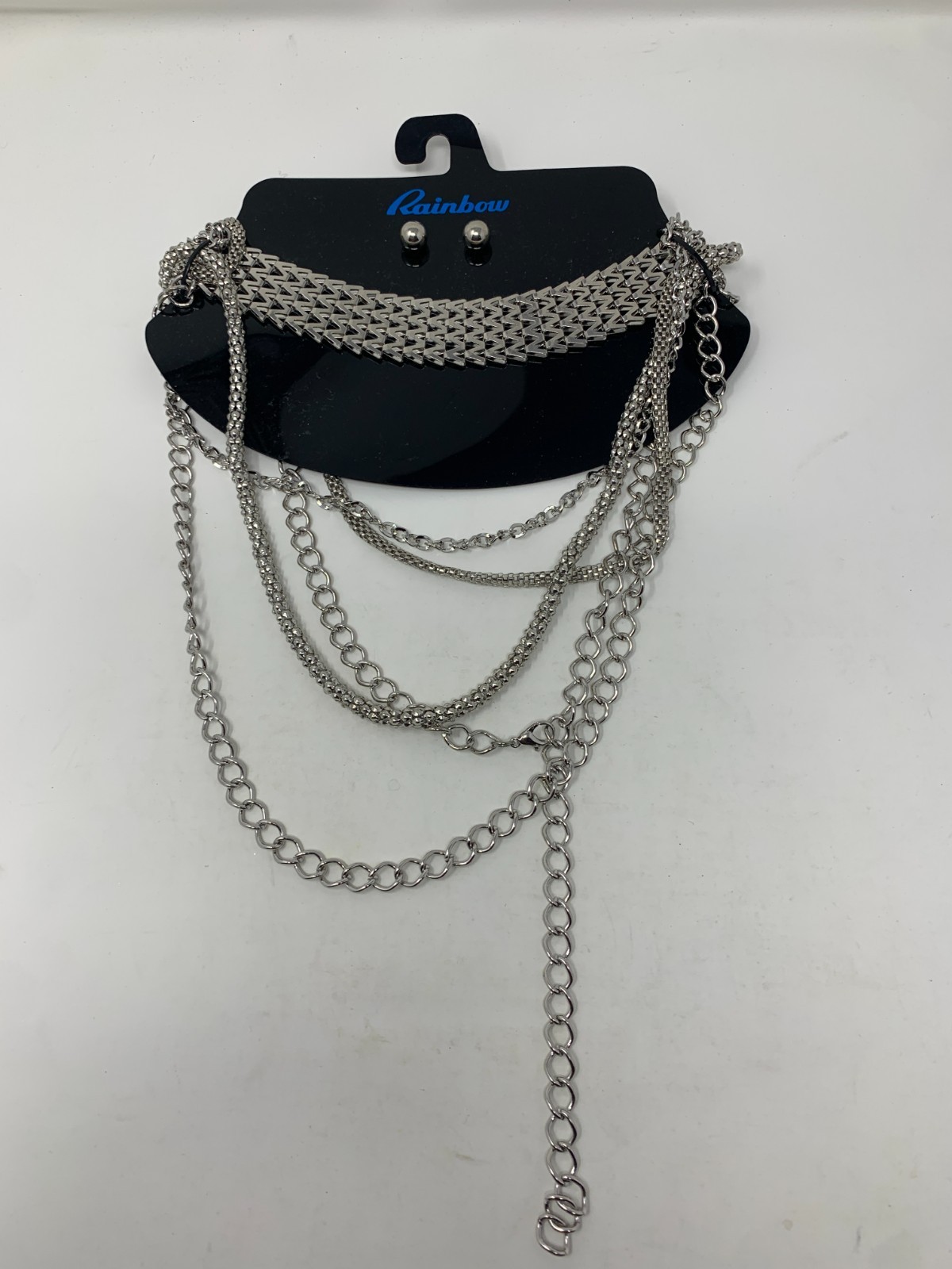Women’s Silver Tone Choker Necklace & Earrings Set Multi-Layer Chevron Chain