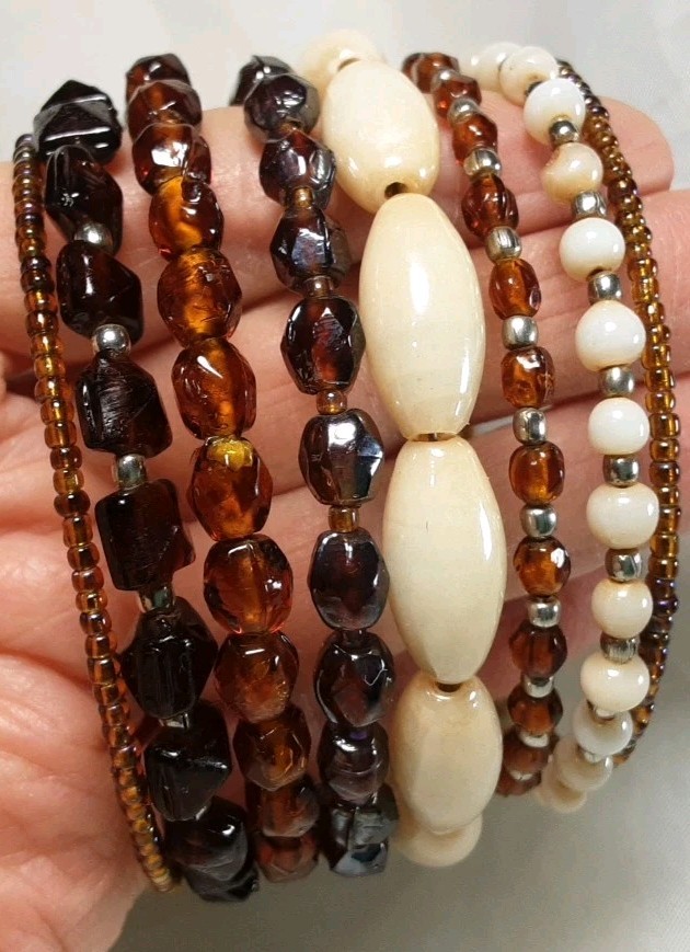 Bracelet Brown Beige Wrap Coil Multi Colors Different Kind Of Beads Wide 1.5″