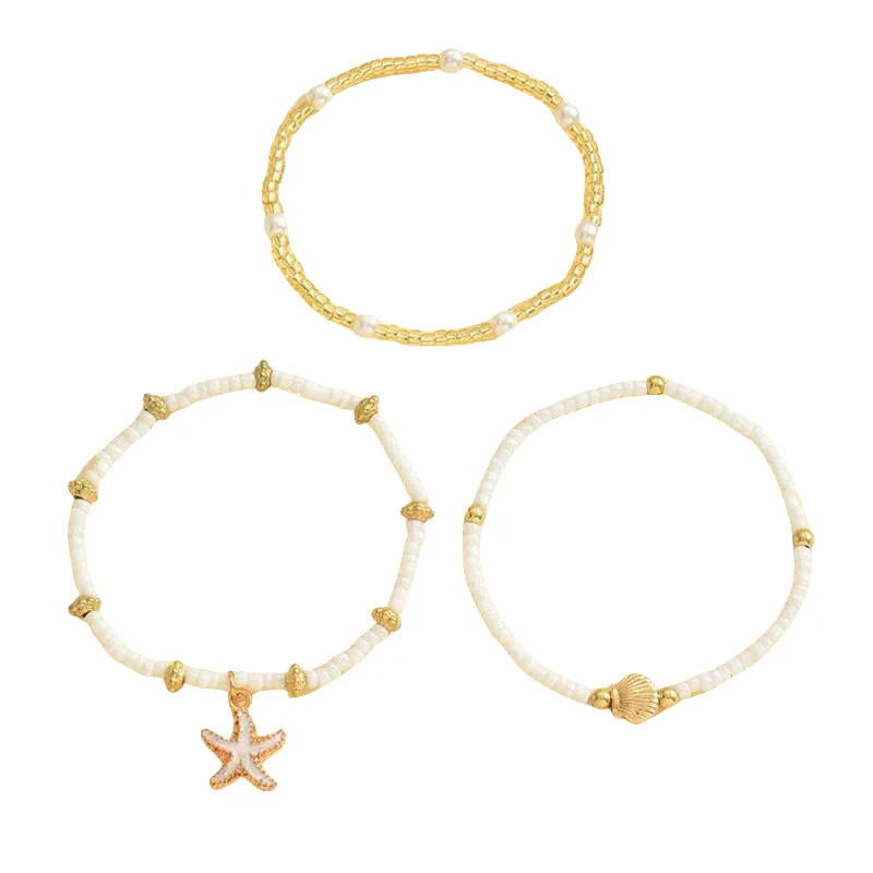 Summer Bohemian Style Starfish Shell Millet Bead Ankle Chain Three-Layer Set Bea