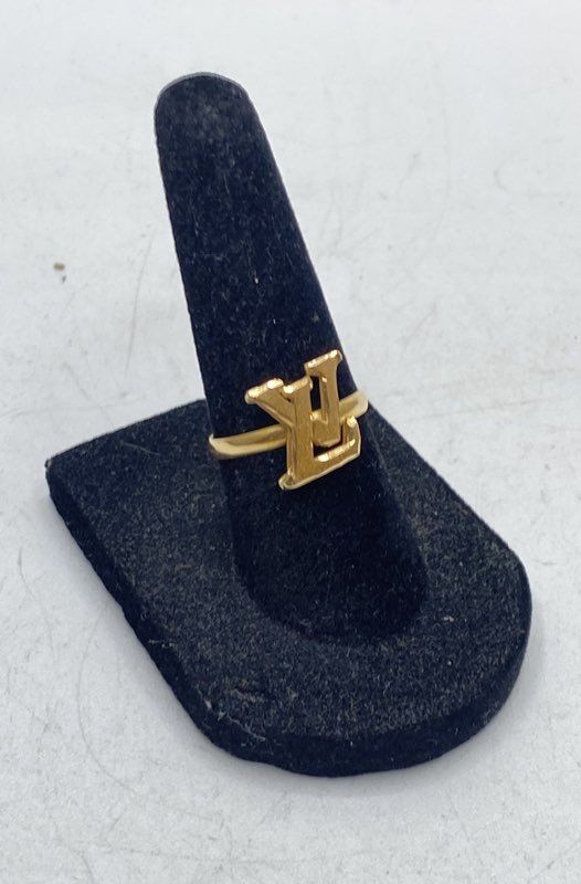 Designer Inspired LV Logo Motif Gold Tone Ring Size 6.5