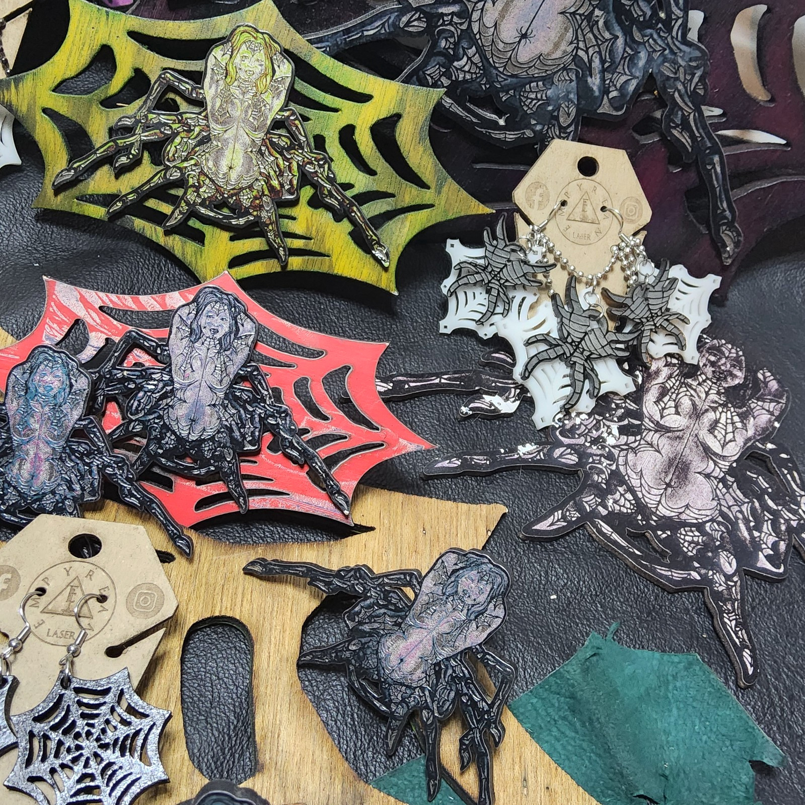 Lasered acrylic spider web earrings necklace set goth horror style art decor