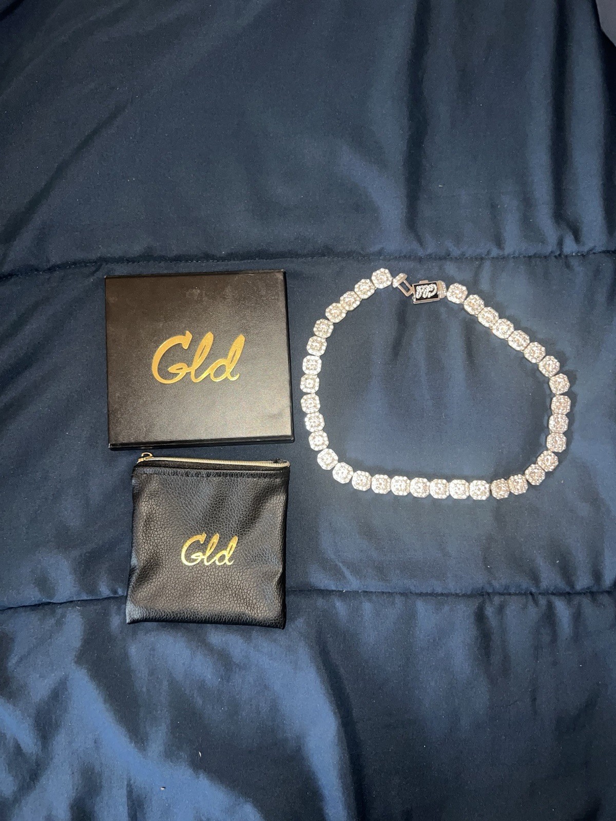 GLD Shop Iced Cushion Link Chain Necklace Silver Tone Simulated Stones w Box