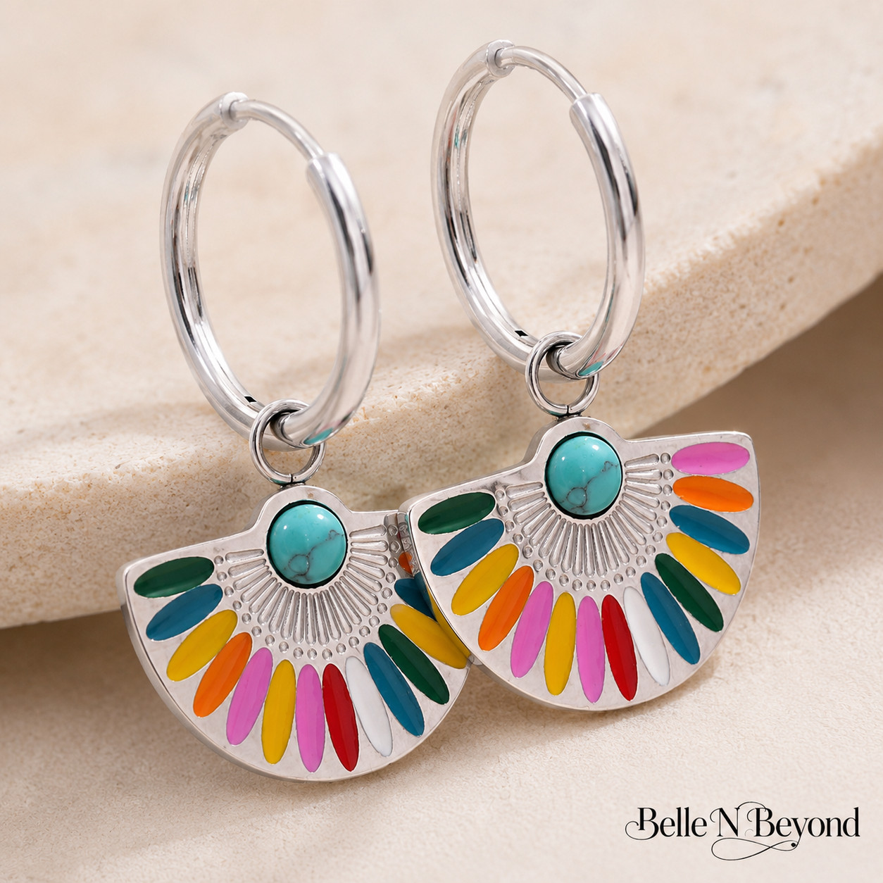 Colorful Fan Hoop Earrings Turquoise Enamel Gold Silver Boho Dangle Set