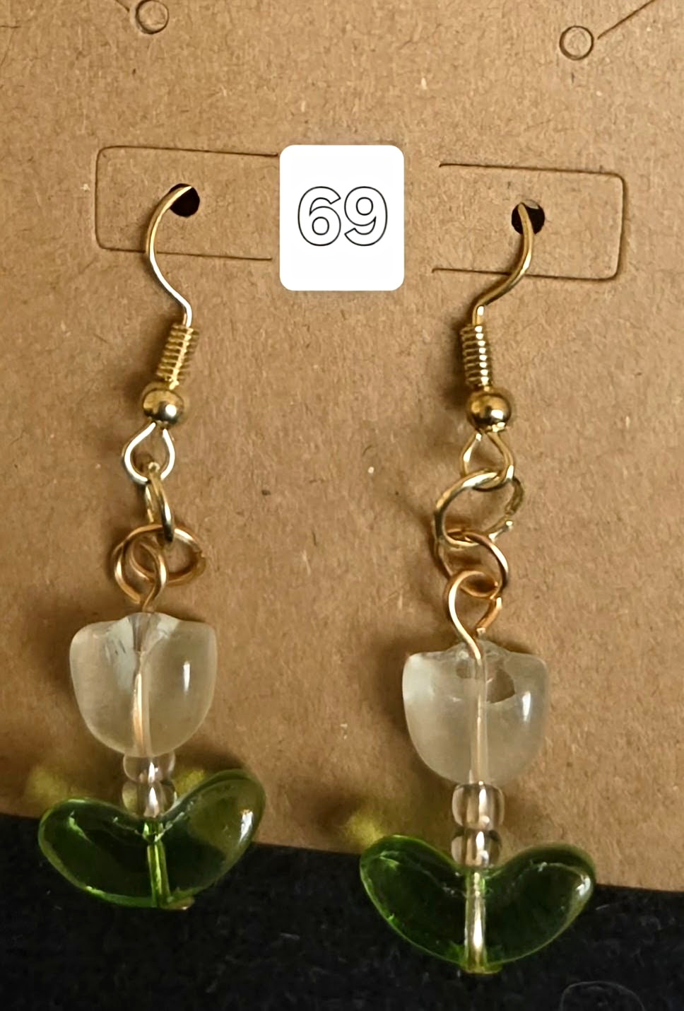 White Clear Tulip Beaded Dangle/Drop Hook Earrings Glass Metal Lobe No Stone
