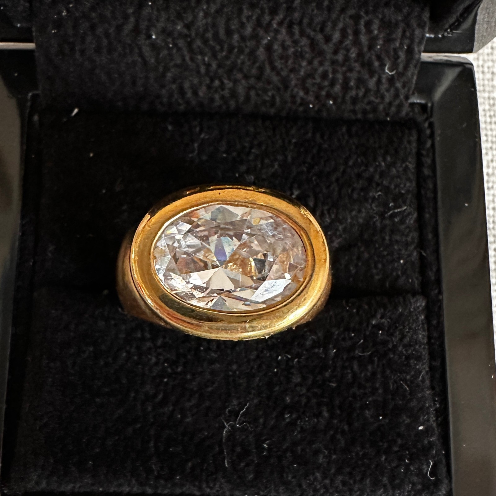 Yellow Gold-tone Bezel-Set Oval CZ Ring, Size 8