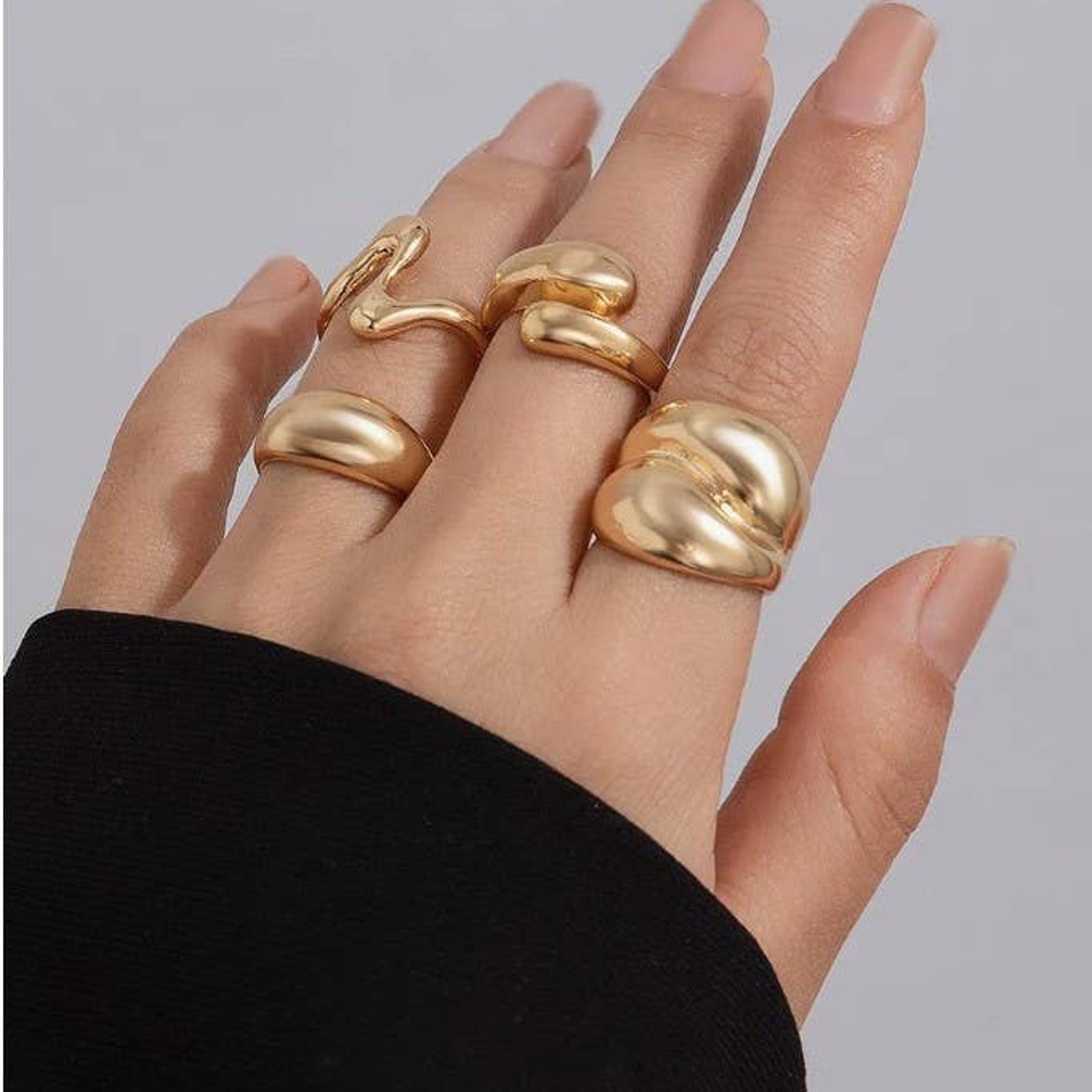 Abstract Boho Ring Set – 4-Piece Gold Adjustable Stackable Rings