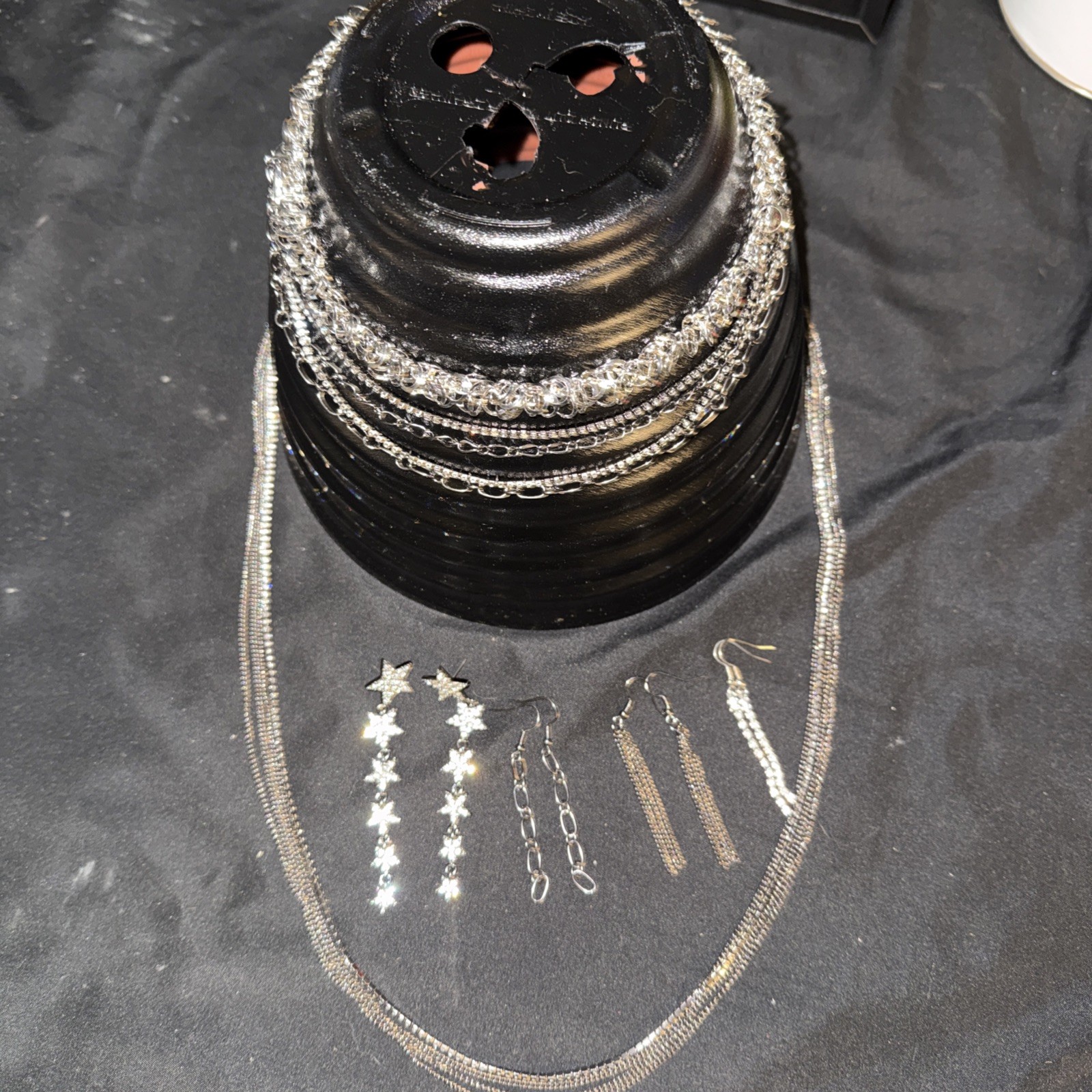 3 Necklace 4 Pairs Of Earrings Set Silver Toned And Black