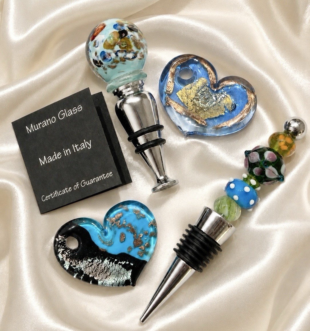 Murano Glass Italy Gift Bundle, Heart Pendants & Millefiori Wine Stopper