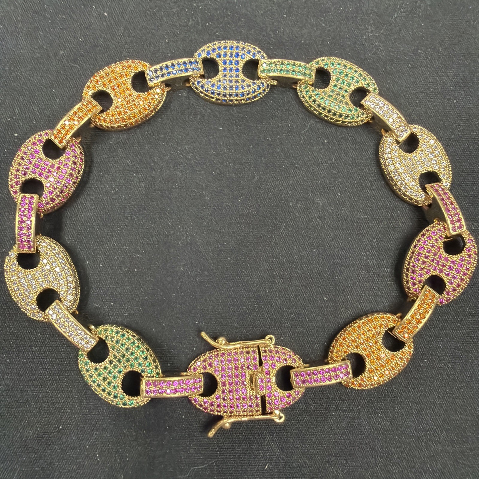 24K Gold Plated Over Bronze 8.5” Cubic Zirconia Rainbow Color Oval Link Bracelet