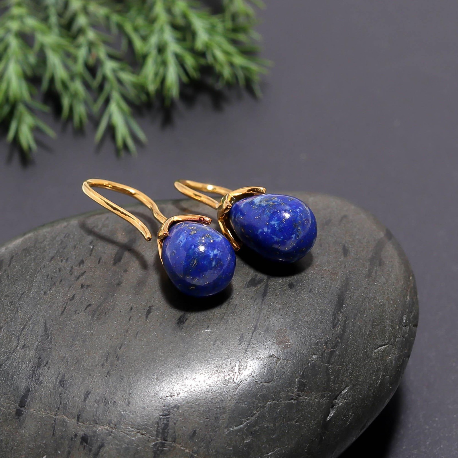 Natural Lapis Lazuli Teardrop Dangle Earrings Gold Plated Solid Silver Jewelry