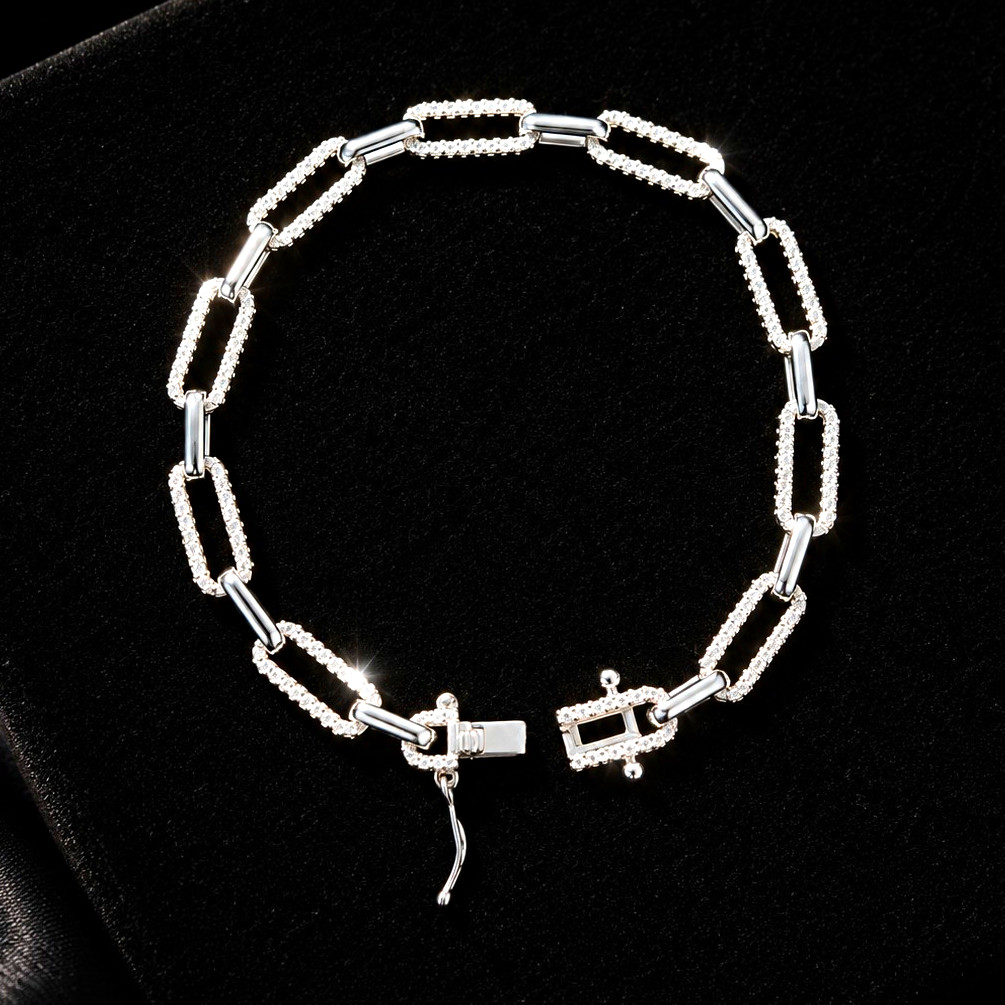 925 Sterling Silver Paperclip Link Bracelet CZ Pave 7″ Long