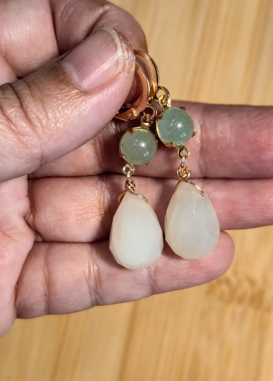 Natural Green Jade In Large Drop Gold Plated Earrings