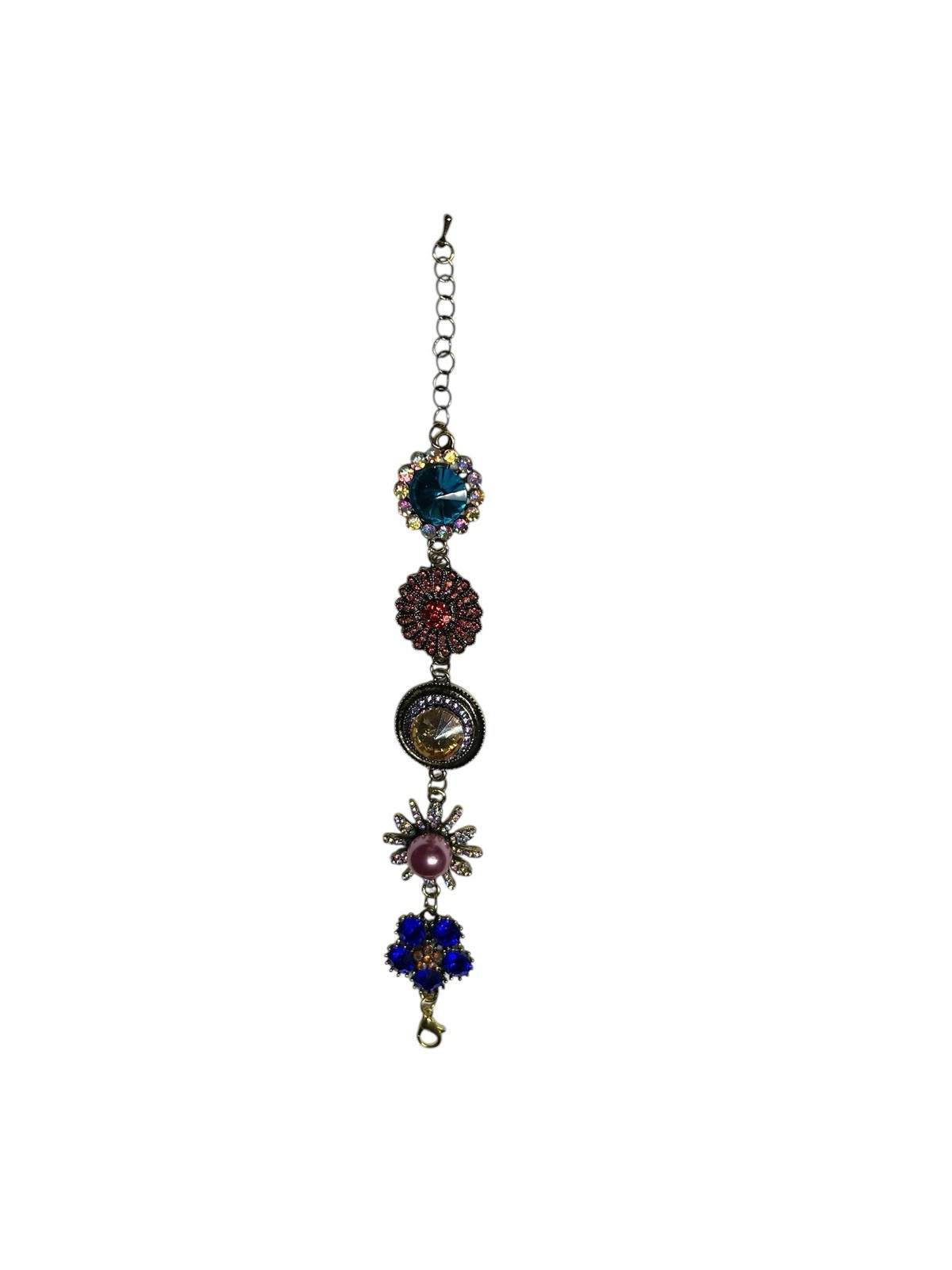 Colorful Rhinestone Floral Statement Bracelet Gold Tone Adjustable 7–8.5”