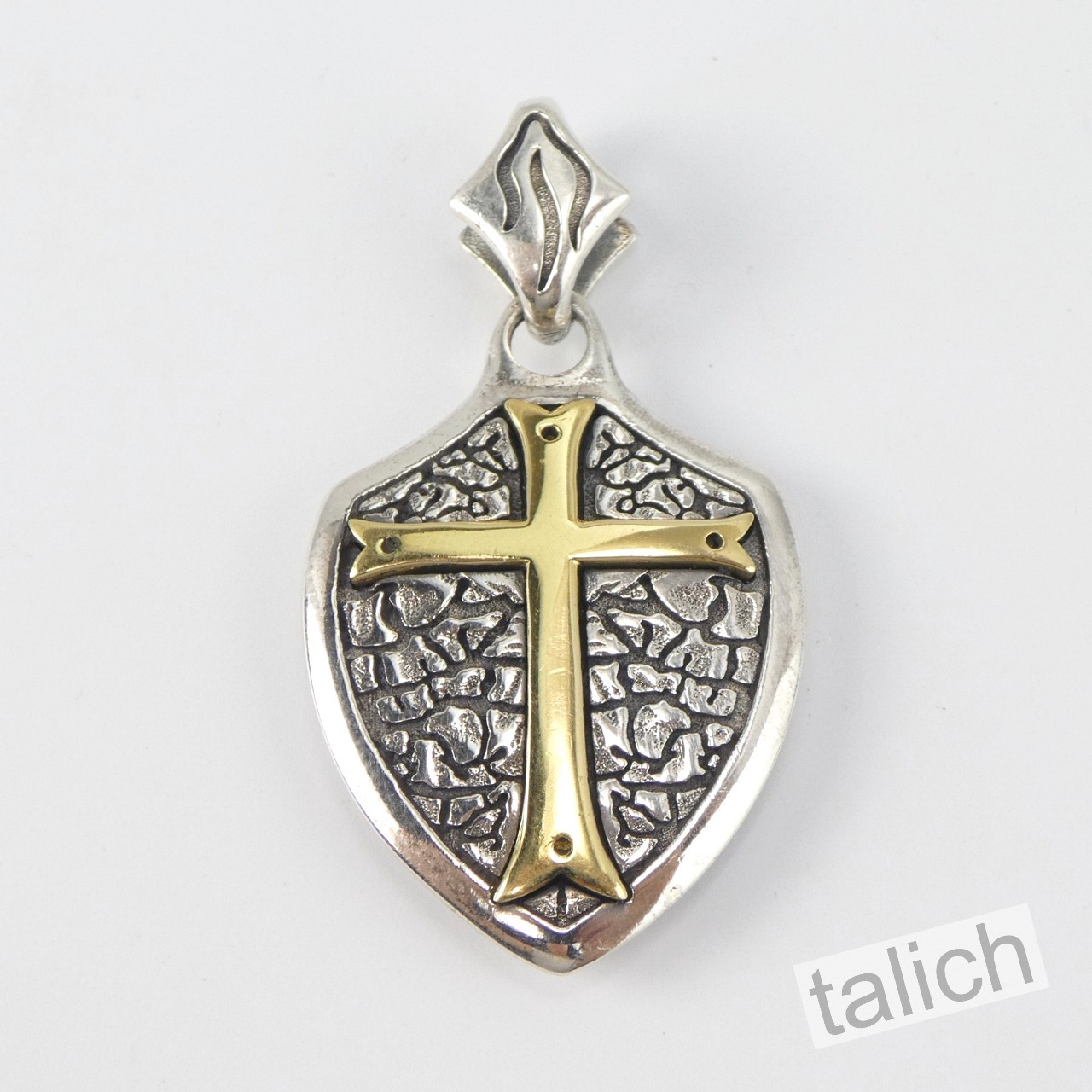925 Sterling Silver Cross Shield Gothic Knight Faith Amulet Pendant Double Sided