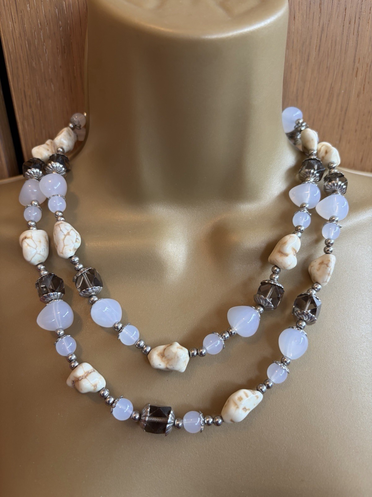 Vintage necklace stone nugget, crystal and glass double strand