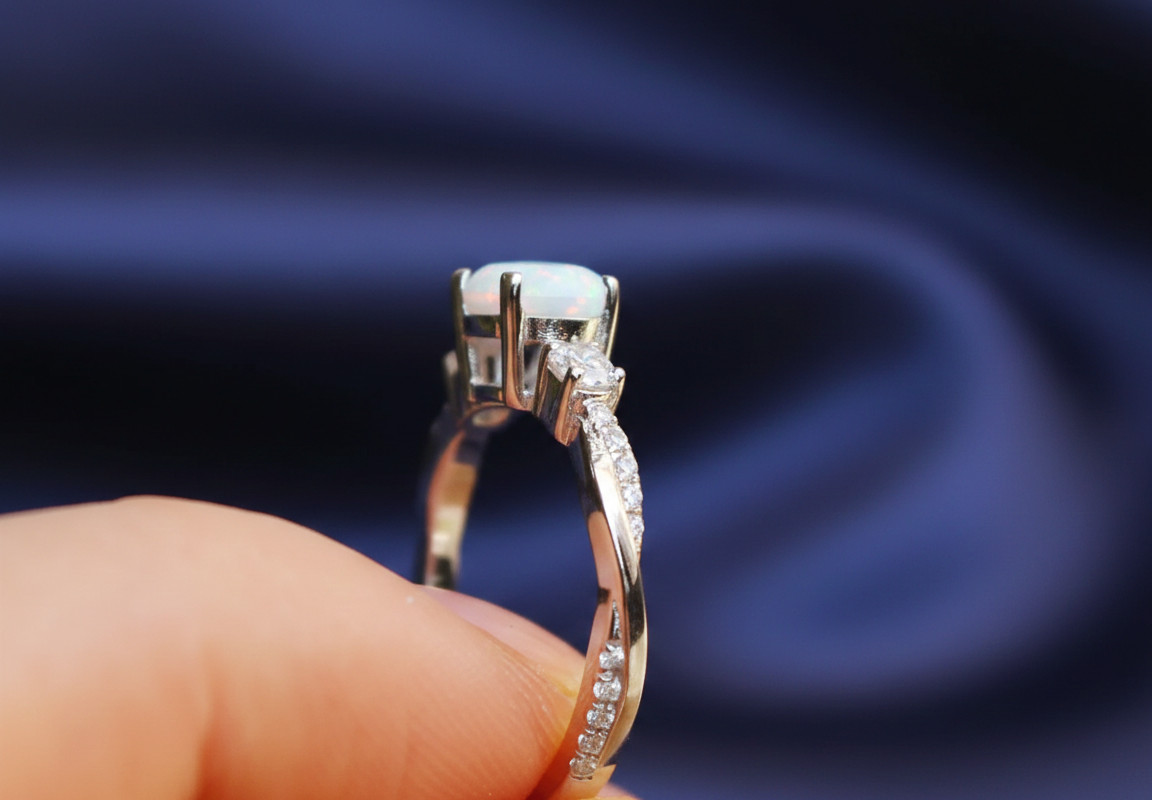 Three Stone Oval Opal Engagement Ring, Sterling Silver,