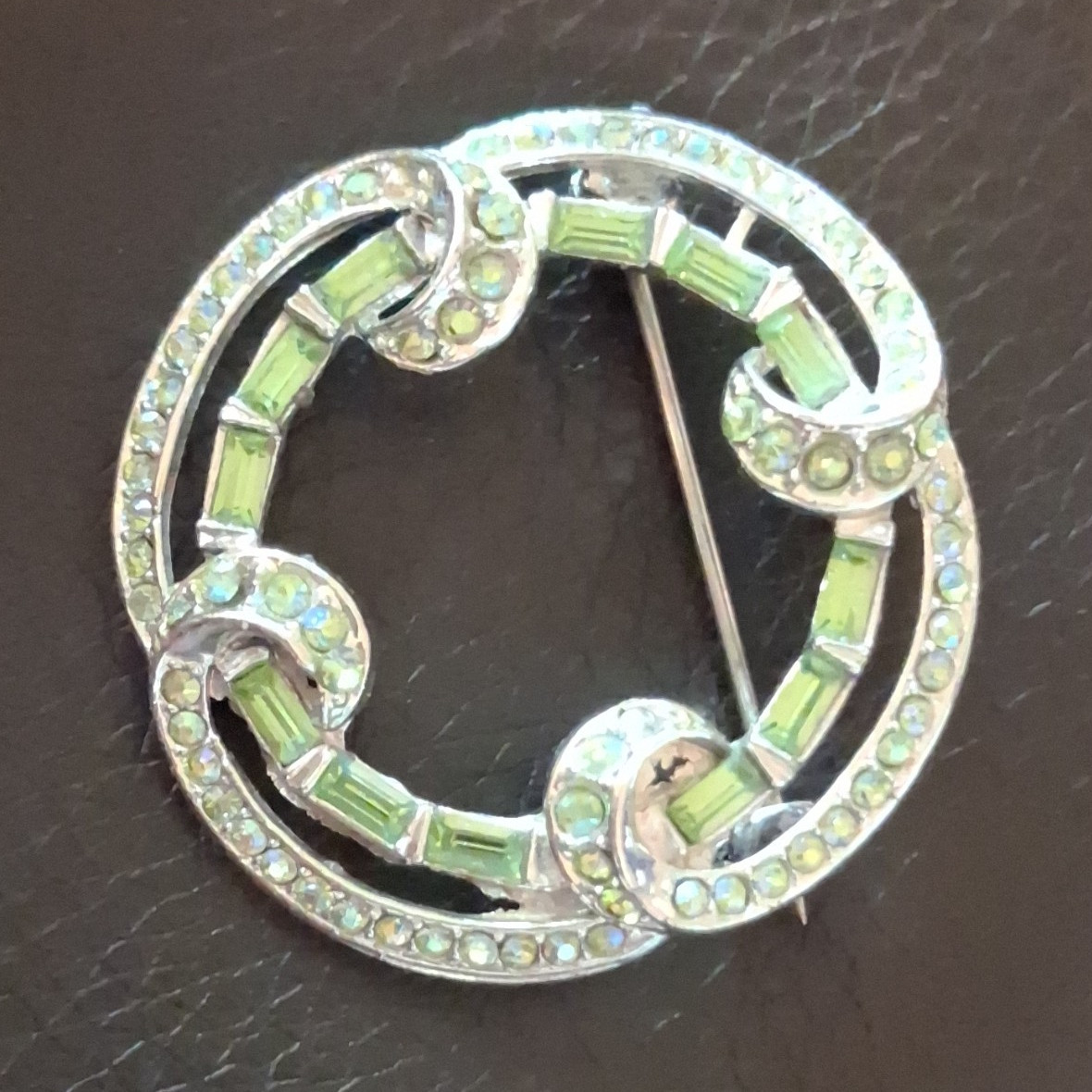 Silver Tone Round Circle Brooch Pin with Green Rhinestone & Clear Accents