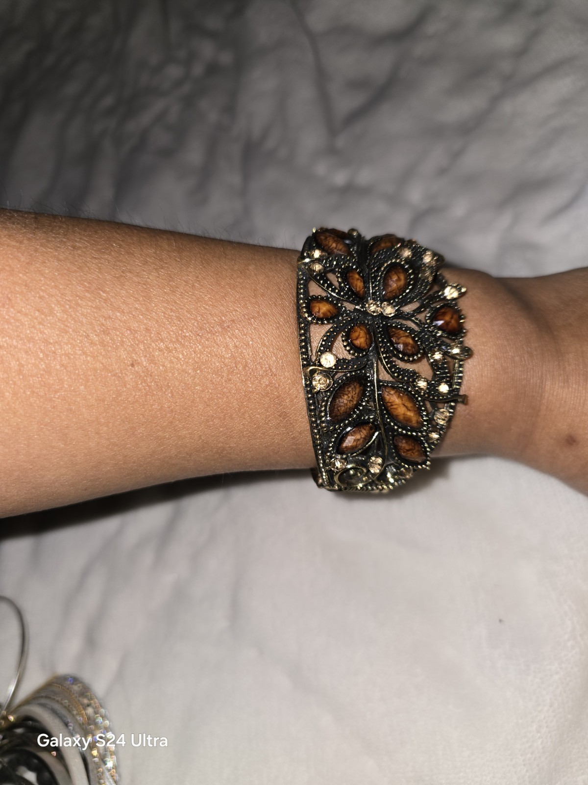 Brown Gold Silver Beaded Floral Cuff Bracelet Marquise Glass Stones