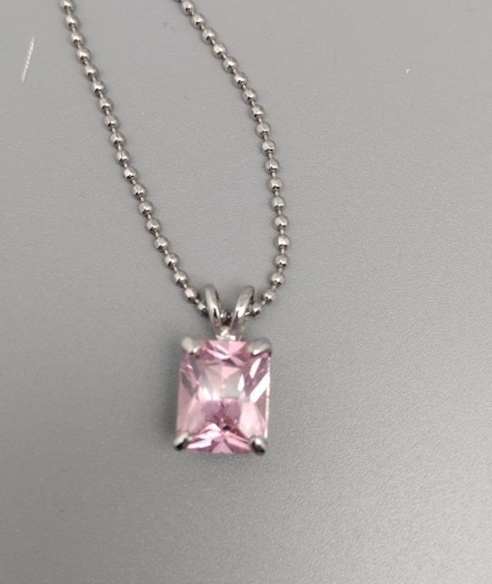 2 Rhinestone Necklace Charm Silver Tone Pink Red Heart Rectangle Birthstone