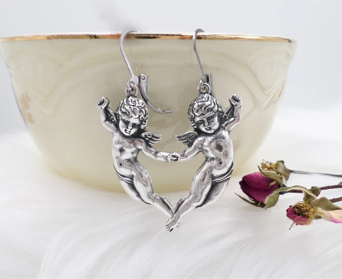 Sterling Silver Plated Cherub Cupid Dangle Earrings, Guardian Angel Jewelry