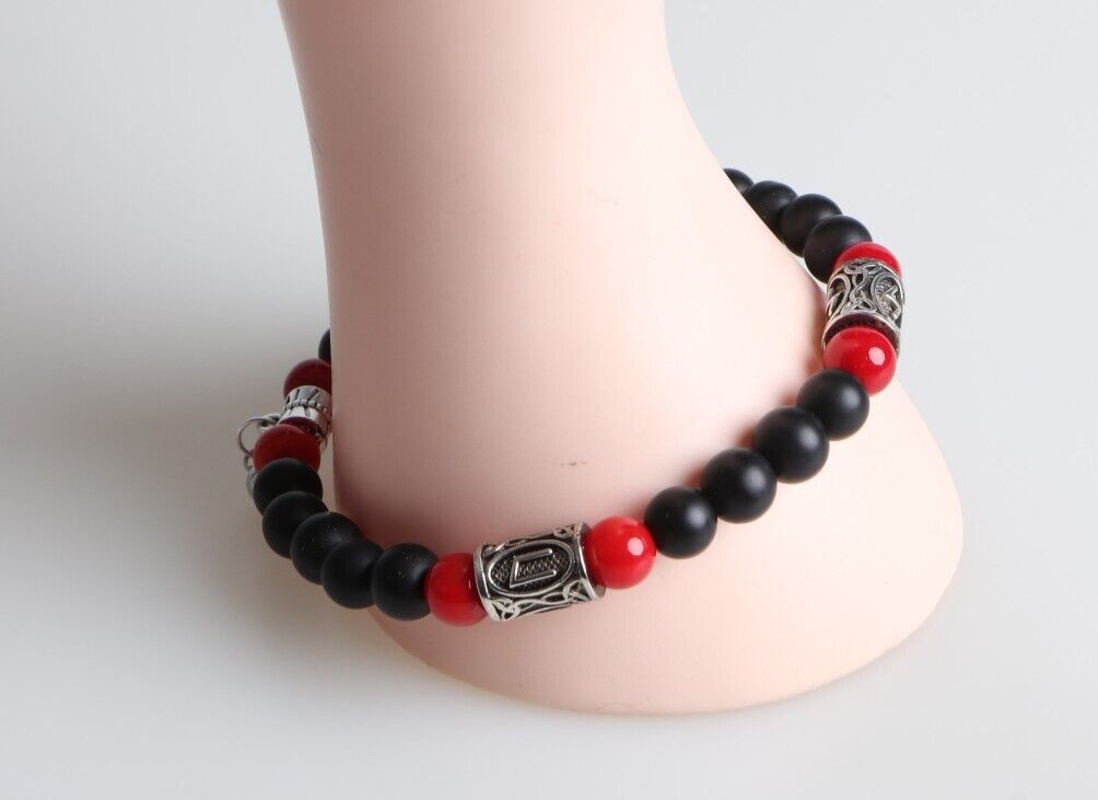 Elegante Pulsera de Agata negra y Coral Rojo Brazalete Cuentas Vikingas