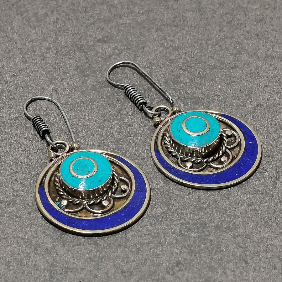 Turquoise Lapis lazuli Gemstone Earrings Tibetan Handmade Jewelry 2.2″ NE 5360