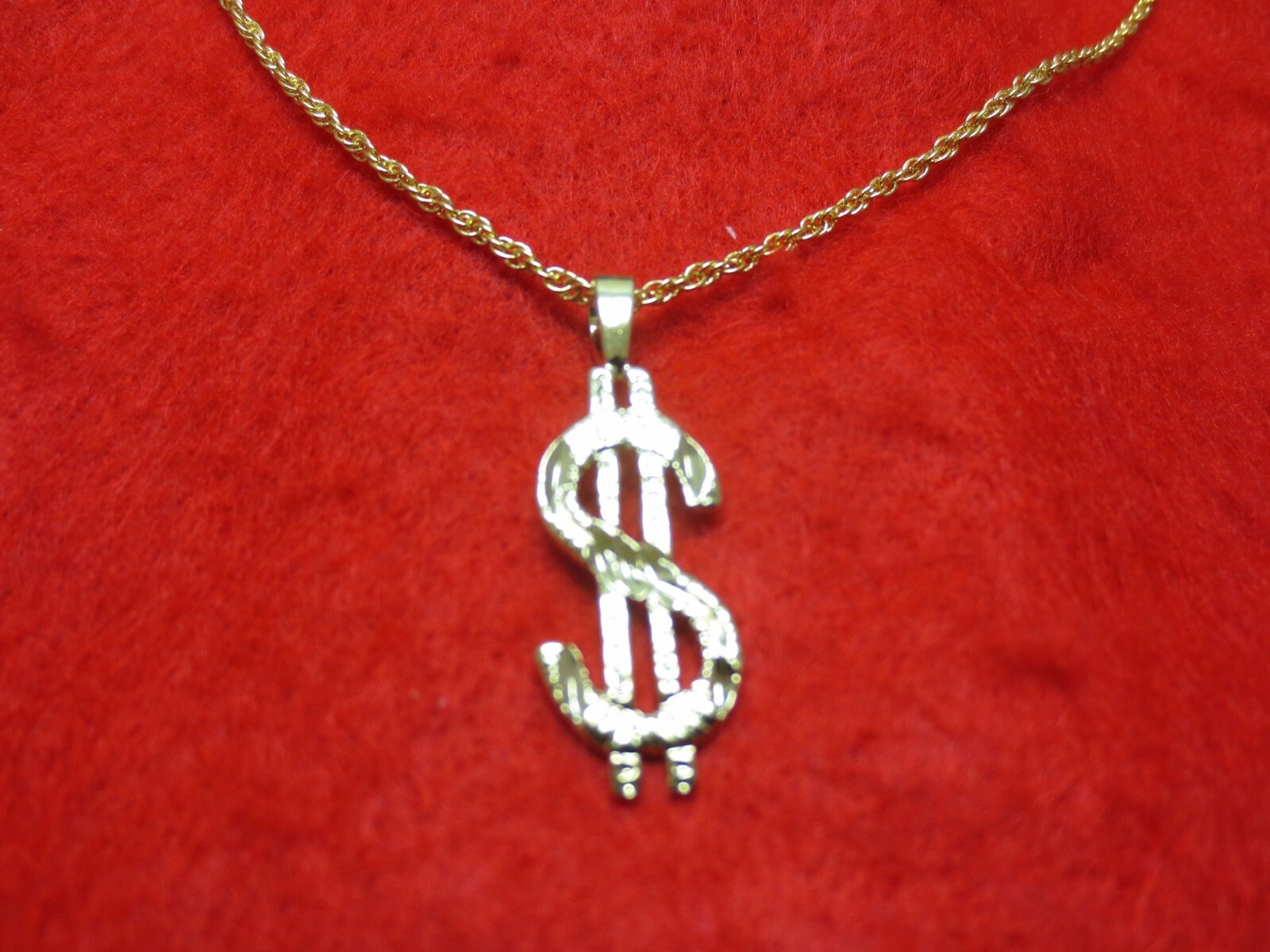 14 KT GOLD EP ALMOST 1 1/2″ DOLLAR SIGN $ CHARM WITH A 16″ ROPE CHAIN-2674