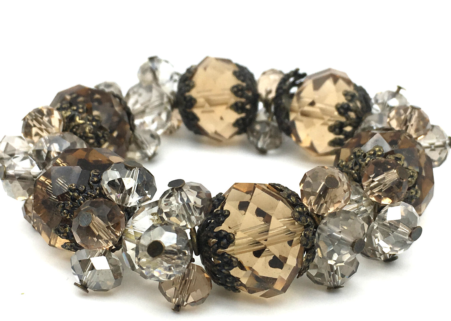 Large Smokey Quartz BronzeTone End Caps & Faceted Clear Crystal Stretch Bracelet