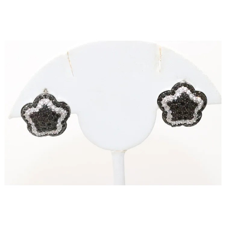 Sterling Silver Black And White Cubic Zirconia Flower Earrings
