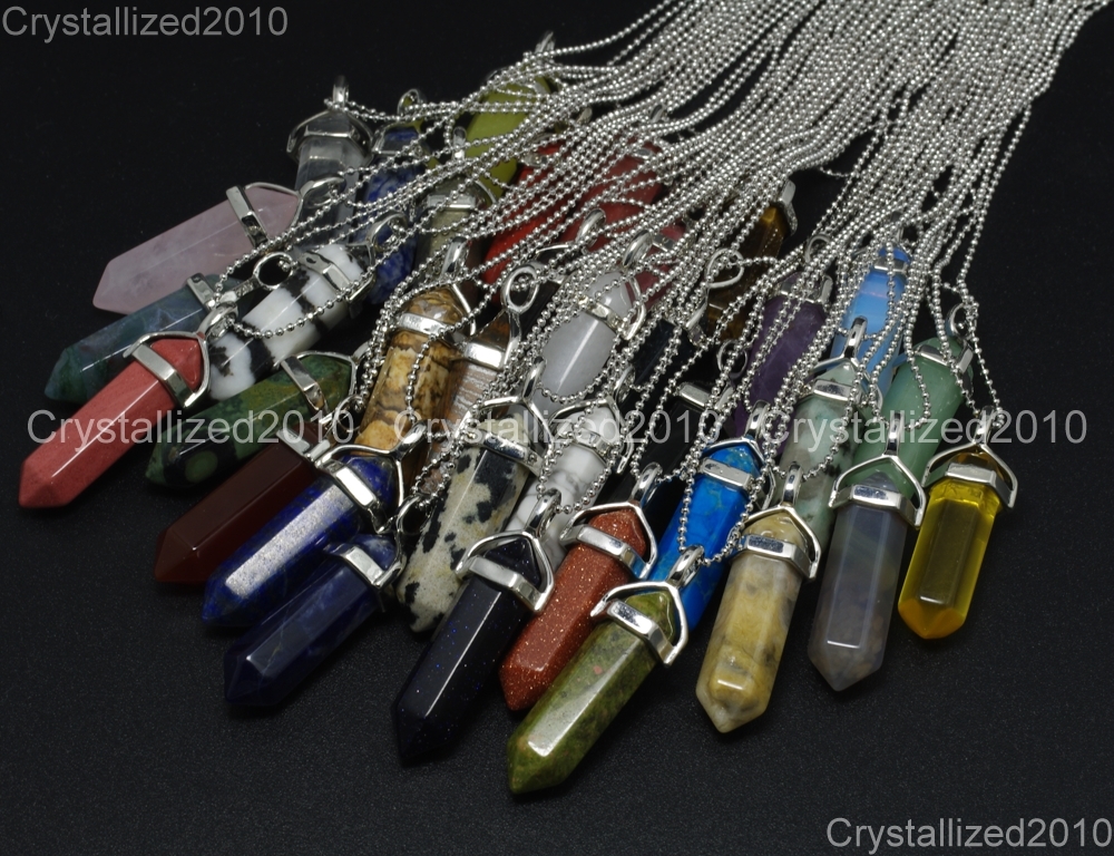 Natural Gemstones Hexagonal Pointed Reiki Chakra Pendant Necklace 18K Silver