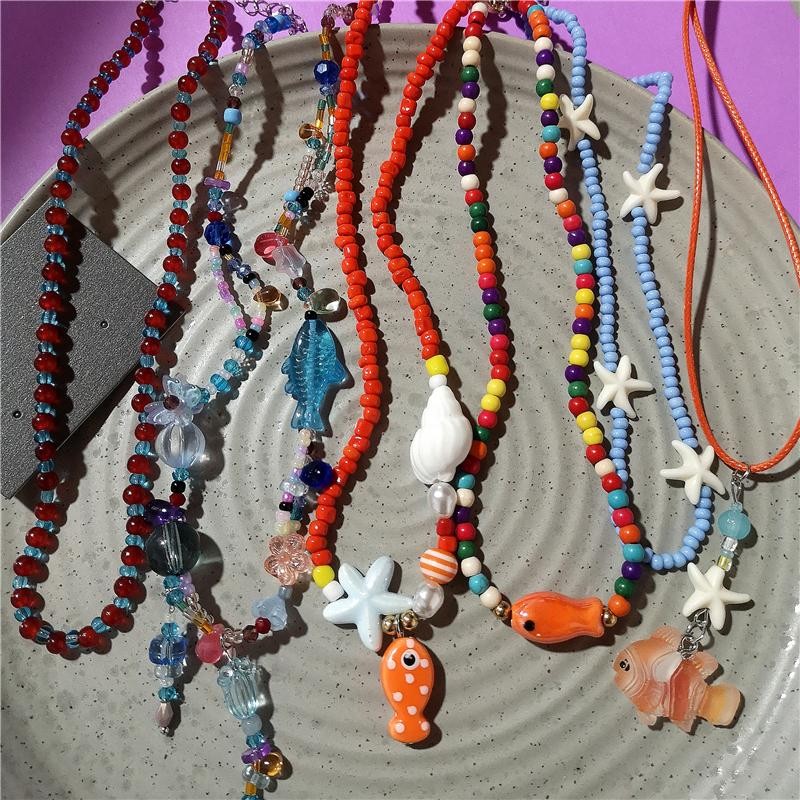 Orange Ceramic Fish Starfish Pendant Beaded Choker Necklace Boho Vacation