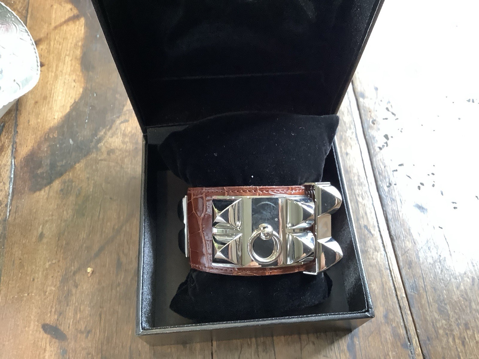 Hermes Silver Brown Leather Alligator Collier De Chien Adjustable Bracelet