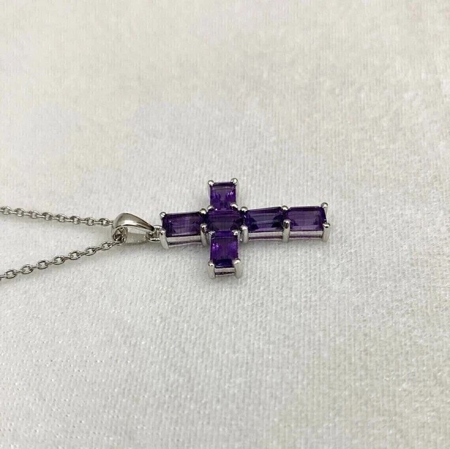 1.50Ct Emerald Cut Simulated Amethyst Holy Cross Pendant 14K White Gold Plated