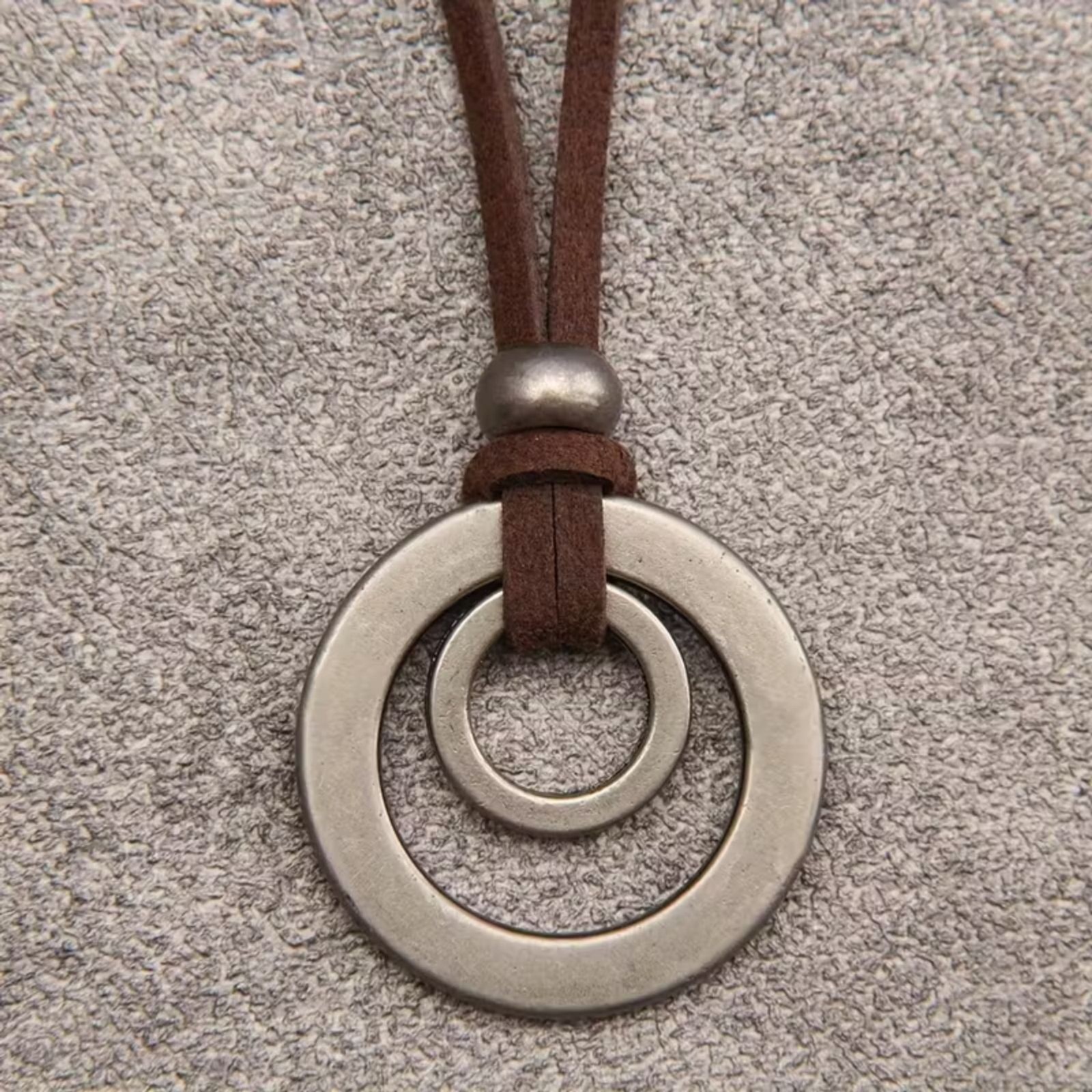 Chunky Double Ring Alloy Pendant Necklace Circle Charm Adjustble Cord Boho Retro