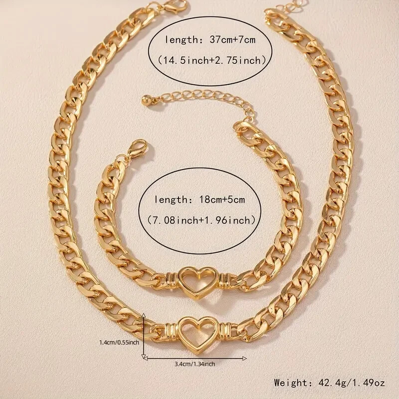 2Pc Golden Love Heart Shaped Pendant Clavicle Chain Necklace Jewelry Set Women
