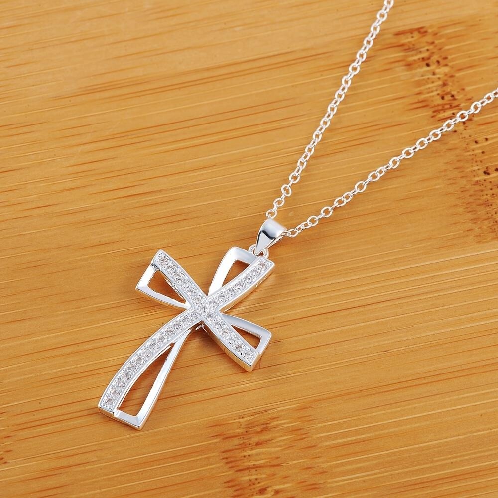 Ladies Necklace Silver Tone Chain With Double offset Cubic Zerconia Cross