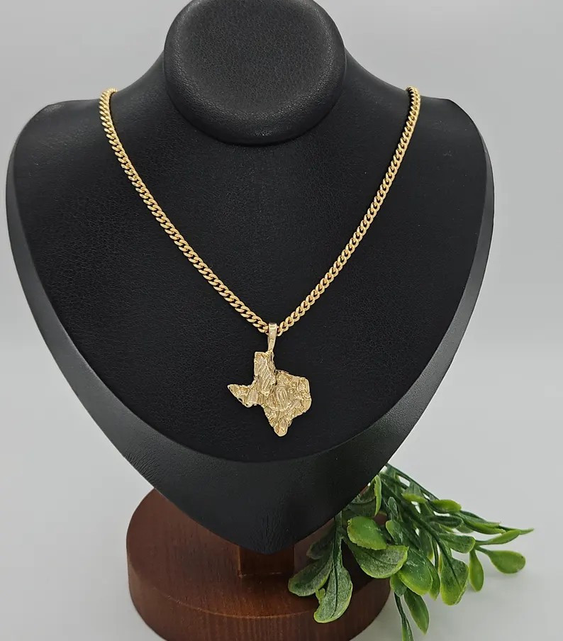 Gold Nugget Texas Necklace, 3mm Curb Chain, 14k Gold Plated,Lifetime Replacement