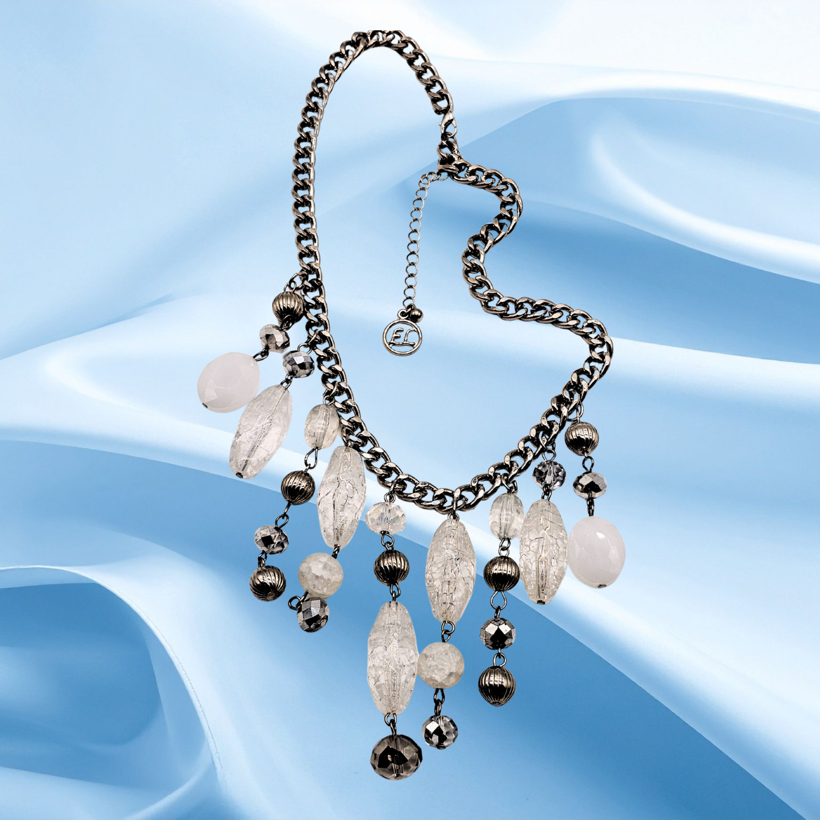 Statement Silver Chain Necklace with Lucite & Acrylic Charm Drops